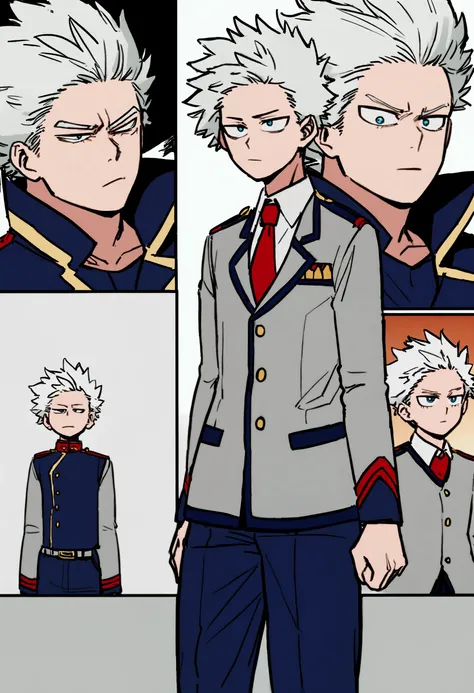 My hero academia serious and handsome guy , Messy white hair and blue eyes, with the UA uniform, teenager&#39;s face, HE IS 15 YEARS OLD, quirk immunity, hair a little thick, AU uniform, Whole body, design, clear skin, Screenshot My hero academia, Whole bo...