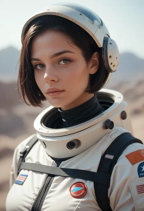 Black woman with short straight hair wearing sexy futuristic astronaut outfit.