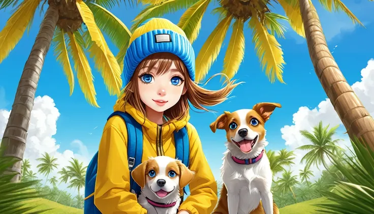 Anime Girls (((Yellow Backpack))) and (((Four dogs in a coconut tree field))), ((((Blue Eyed Girl)))), (((The girl is wearing a beanie hat))), Cute and detailed digital art, Adorable digital painting, ((((Character&#39;s front camera)))), Gweiz-style artwo...