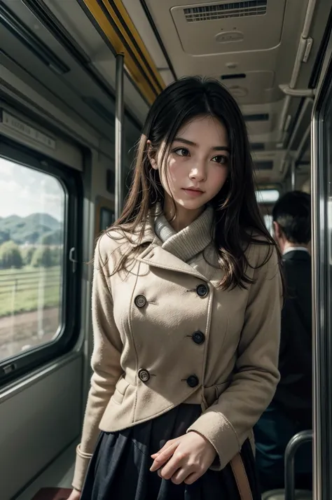 {
  "prompt": "A moving train interior with a thoughtful female passenger looking out the window. The landscape outside blends green fields and distant cities, passing by quickly. The sound of the train on the tracks is gentle. The passenger adjusts her co...