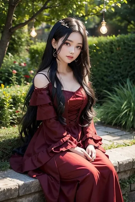 Girl with black wavy hair, wearing a red fairy gown, sitting on a garden, with lights bubls hanging on trees. Evening vibes