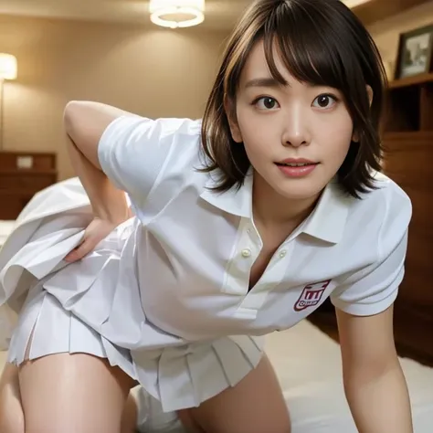 (Masterpiece, Best quality: 1.4), (Ultra realistic, Photo-realistic: 1.2), Full body, (kneeling: 1.3), Looking at viewer, Natural light, 28 years old actress, Japanese women, (arms behind back: 1.2), Neat and clean, ((Wearing white tennis uniform, White po...