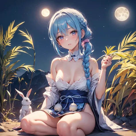 Sky blue hair, (Braided Ponytail:1.2), Pink eyes,Fair skin ,(whole body),(One Girl),(White sweet dumplings ),White round dumplings,Japanese pampas grass,(beautiful, Full moon shining in the night sky),(masterpiece, Highest quality, Very detailed, Best Shad...