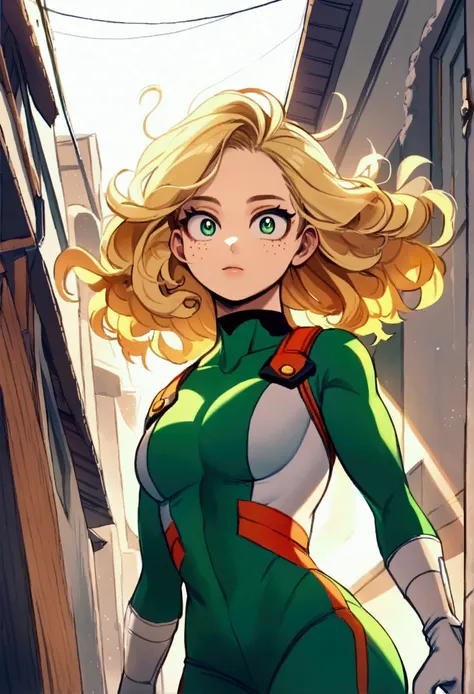 My hero academia, girl withcurly blonde hair, green eyes and freckles