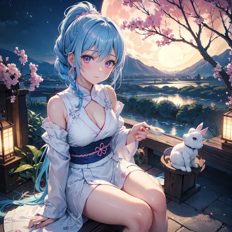 Sky blue hair, (Braided Ponytail:1.2), Pink eyes,Fair skin ,(whole body),(One Girl),Tsukimi,(White sweet dumplings ),White round dumplings,Japanese pampas grass,(beautiful, Full moon shining in the night sky),(masterpiece, Highest quality, Very detailed, B...