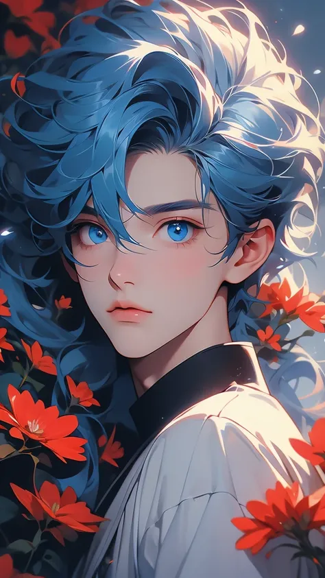 1Boy ,wearing , blue eyes, blue hair, and red flowers and short wavy hair,