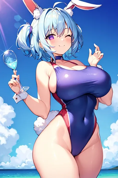 1girl, rabbit ears, light blue hair, very short hair, one eye closed, purple eyes, huge breasts, thick thighs, beach, smile, animal ear fluff, (animal ear fluff), animal ears, hourglass figure, bare legs, one-piece swimsuit, competition swimsuit, blue one-...