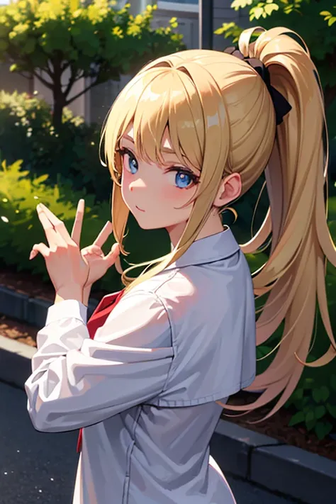 1girl best quality, ultra-high resolution, DeepL, natural shading, looking ahead at viewer, long hair, thick ponytail, hair accessory, hair blonde, brown, well-detailed eyes, wearing school uniform, looking ahead at viewer 