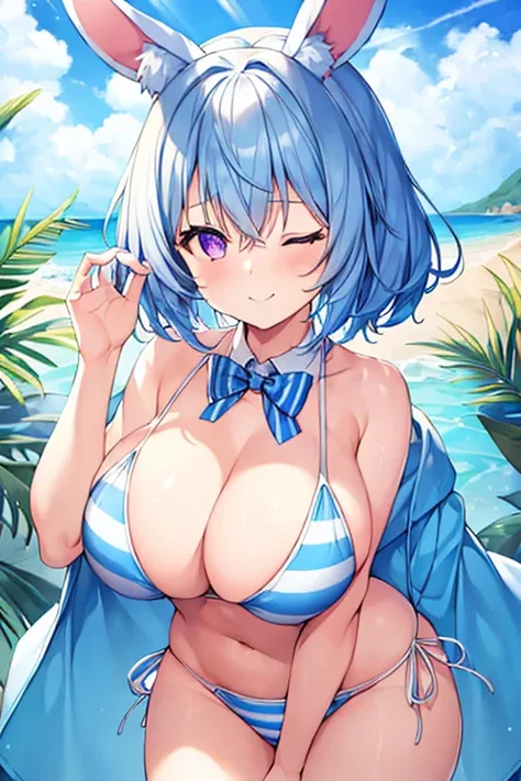 1girl, rabbit ears, light blue hair, very short hair, one eye closed, purple eyes, large breasts, thick thighs, white bikini, beach, blue stripes, ((blue stripes)), striped bikini, blue hair, smile, animal ear fluff, (animal ear fluff), anima ears, (animal...