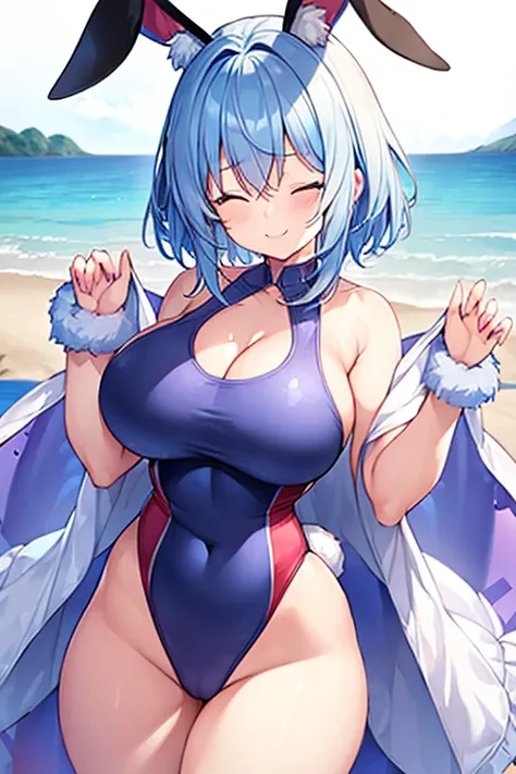 1girl, rabbit ears, light blue hair, very short hair, one eye closed, purple eyes, huge breasts, thick thighs, beach, smile, animal ear fluff, (animal ear fluff), animal ears, hourglass figure, bare legs, one-piece swimsuit, competition swimsuit, blue one-...