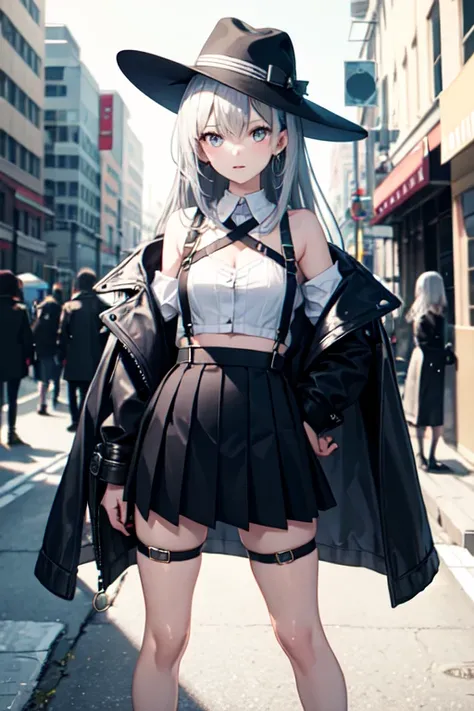 masterpiece, Highest quality, expensive, Clear 2, One girl, Sister Claire, only, Long Hair, Open clothes, Black Skirt, Black Stockings, Long sleeve, Chest Harness, Open jacket, Black Shirt, Both sides up, black overcoat jacket, fringe, Crop top, mini skirt...