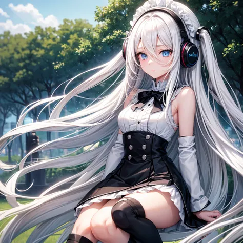 Long white hair with black highlights, with headphones on the neck, blue eyes, with a black and a little long busto, with a short black skirt, long white stockings, white boots with black soles. in a park, anime version