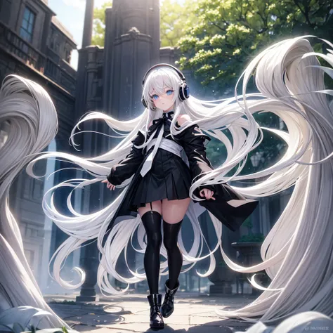 Long white hair with black highlights, with headphones on the neck, blue eyes, with a black and a little long busto, with a short black skirt, long white stockings, white boots with black soles. in a park, anime version