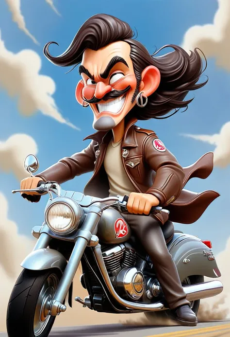 a cartoon drawing of a man riding a motorcycle with a peace sign, caricature illustration, caricature style, caricature!!!, biker, in cartoon style, cartoon portrait, picture of a male biker, caricature, cartoon style illustration, hog rider, motorbiker, c...