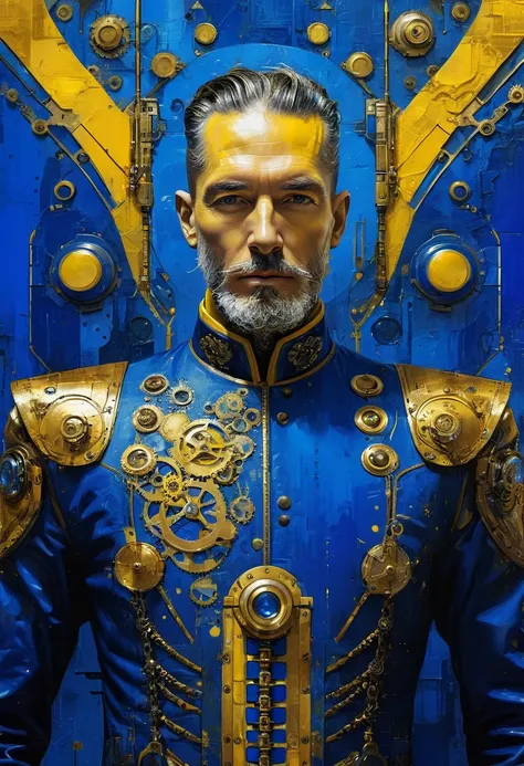 Hacked dude, man with steampunk implants, futuristic vintage biomechanics, royal blue, golden yellow, blue and yellow painting with high relief texture, 4D, 8k, high tech, futuristic, ornamental photorealism, abstract impressionism, art por Jeremy Mann