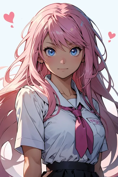 "Create an anime character with big eyes and pink hair, wearing a schoolgirl uniform. The character should have blue eyes and an excited expression, with small hearts floating around her head. She should be looking to the left, with her hands together in f...