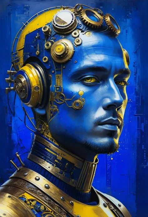 Hacked dude, man with steampunk implants, futuristic vintage biomechanics, royal blue, golden yellow, blue and yellow painting with high relief texture, 4D, 8k, high tech, futuristic, ornamental photorealism, abstract impressionism, art por Jeremy Mann