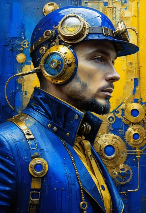 Hacked dude, man with steampunk implants, futuristic vintage biomechanics, royal blue, golden yellow, blue and yellow painting with high relief texture, 4D, 8k, high tech, futuristic, ornamental photorealism, abstract impressionism, art por Jeremy Mann