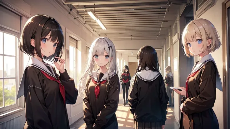 five girls, school, class, (black hair), blond, (((light brown))), standing, silver, short, long, face
