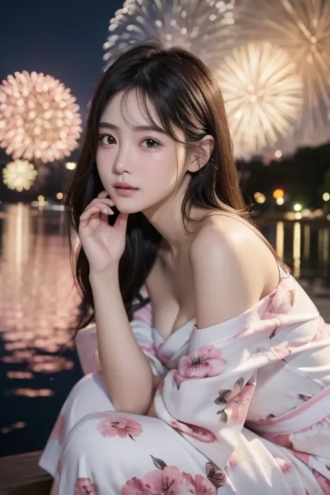 ((yukata))、((Off the shoulder))、((Cleavage))、((Beautiful night view with fireworks)、View your viewers、Anatomically completely correct:1.4, 5. Beautiful Fingers:1.4, 
日本人の15 years oldの女の子1人, , Accurate eye position, Very white skin, blush, Shyly, 15 years o...