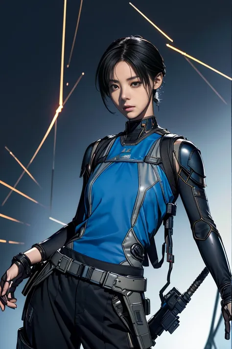 masterpiece, Nod, Goddess of Victory character, (Battle Android Model), Female character android, (She wears an elegant futuristic costume uniform with straps and accessories, cargo pants, Military vest), (Have a weapon), Action pose, Battle Damage, (appea...