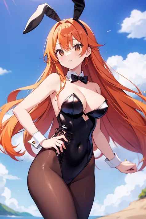 A beautiful orange-haired woman dressed in a black playboy bunny outfit. 