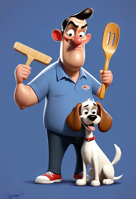 cartoon of a man holding a spatula and a dog, caricature illustration, caricature style, caricature, caricature!!!, caricatural, caricaturist, cartoon portrait, in cartoon style, alarcon caricaturista, animal caricaturist, inspired by Brian Chippy Dugan, d...