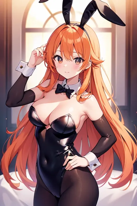 A beautiful orange-haired woman dressed in a black playboy bunny outfit. 