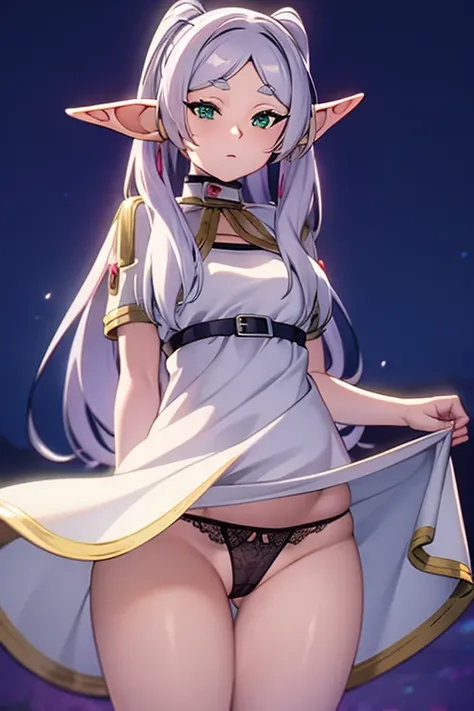 with elf ears, taking the dress and showing the panties, tight panties and a big vagina 