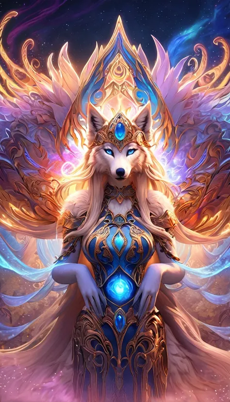 Anthropomorphic anime art style, a beautiful spellcasting wolf goddess, curvaceous figure, long flowing hair, her armor adorned with intricate otherworldly patterns glows with a mystical allure, a captivating ethereal aura emanates from her, evoking a sens...