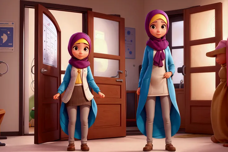 young beautiful girl with hijab,covered head,beatiful hijab,long skirt,opening the door of a doctor office, pixar still