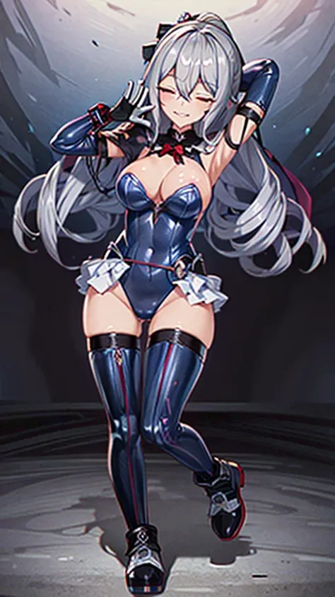 Blue leotard，Marie Rose，Bodysuits that stick to the body，Patent leather clothing，gloves，boots，corruption, Hollow Eyes, Half-closed eyes, Wicked Smile, No students, Crazy Smile, Open your mouth, One girl, (Dark Magical Girl), Dark Theme, Dark person