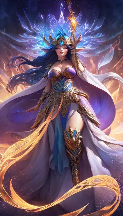 Anthropomorphic anime art style, a beautiful warrior goddess, spellcaster, curvaceous figure, long flowing hair, her armor adorned with intricate otherworldly patterns glows with a mystical allure, a captivating ethereal aura emanates from her, evoking a s...