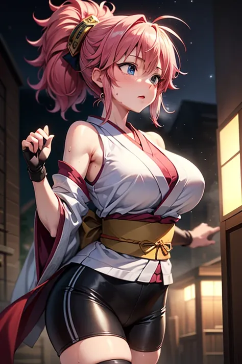 masterpiece, Highest quality,  Unreal Engine,  Super Resolution, Very detailed, 

Beautiful woman, machi, short kimono, obi, sash, fingerless gloves, bike shorts, socks,thighhighs,or, ponytail,hair_ornament, Vivid expression, Healthy Body, Smooth skin text...