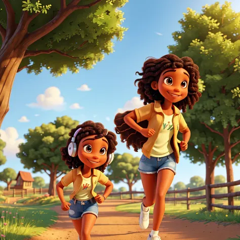 clearing! Here is a prompt for an image of a young woman with the characteristics you described., in a style inspired by Disney Pixar:

"a brown woman, radiant with happiness, with wavy hair and light highlights, running with headphones, happily on a tree-...