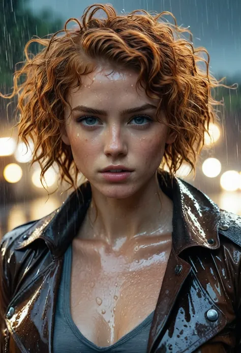 realist:1.3,( fotorrealist, 8k, RAW Photos, Premium quality, masterpiece, epic lighting. close up, Centered image), (foreground),((1 cute girl self-confident well-formed muscles, post apocalyptic, guerrero, (ginger) short curly hair, Perfectly detailed fac...