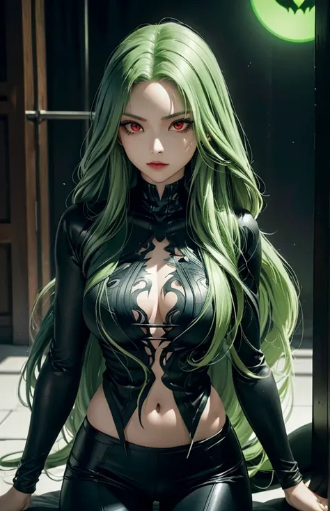 Woman with long hair straight, green hair, high detailed, realistic, ultra realistic, villain, black shirt and short pant, black symbiote suit, as venom, ((red eyes))