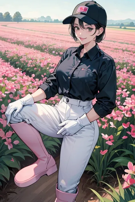 A muscular, short-haired mature woman with black hair and a baseball cap wearing blue long-sleeved work clothes and a large pair of pink rubber gloves and white rubber boots is working in the fields while smiling.　