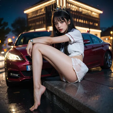 sfw, (closeup from crotch to face) extremelydetailed (schoolgirl lean against the car) spread knees up, perfect face, brilliant(...