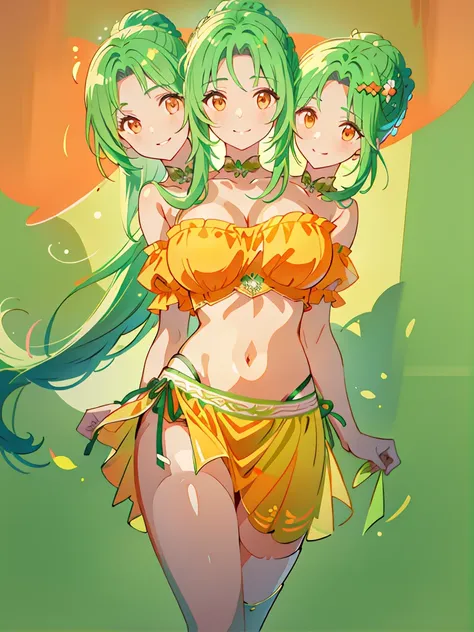 (masterpiece, best quality), best resolution, (3heads:1.5), 1girl, green hair, long flowing hair, smiling, grinning, open belly,...