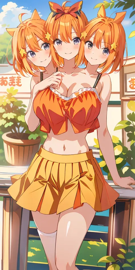 2d, masterpiece, best quality, anime, (3heads:1.5), highly detailed, 1girl, solo, cowboy shot, nakano yotsuba, orange hair, hair bow, crop top, open cleavage , miniskirt, very huge breasts, standing, three headed girl, outdoors, smile