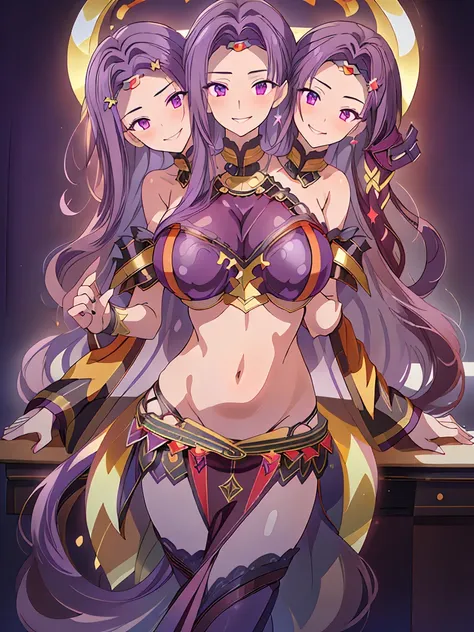 (masterpiece, best quality), best resolution, (3heads:1.5), 1girl, dark violet hair, long flowing hair, smiling, seductive smile, smirk, open belly, dark purple crop top, dark purple miniskirt, open breasts, very huge breasts, sexy pose, alluring presence,...