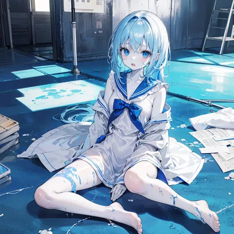 One Woman,((White skin, sitting on the floor, sadness,Despair)) background((blue,Muddy color))Straight face,Open mouth Light blue hair,ショートボブ blue目,There are no highlights,Sailor suit without shine,blue色 ペンキがかかる,blue 