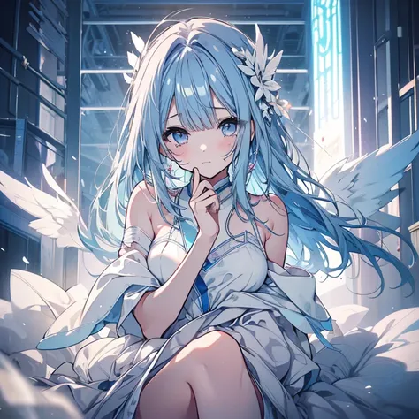 1 girl、Mature、Ample breasts、Long Hair、Blue Hair、Straight Hair、Trimmed bangs、Sad face、tears、White Dress、Shoulder Bare、Weather showers、Sunshine、prism、In town、sing、Sit down、Angel、wing、bandage、be injured、High resolution、Highest quality