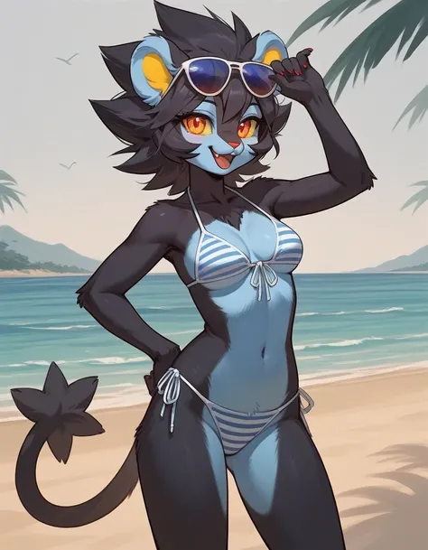 alone, score_9,score_8_up,score_7_up, anthro female luxray, blue stripped bikini, beach background, standing, happy, sunglasses.