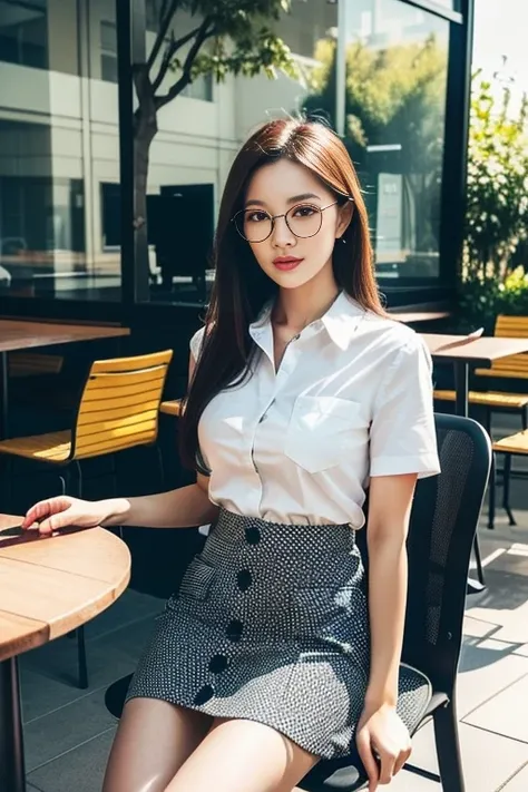 (A gorgeous Chinese lady, age 28, professional lecturer & A.I enthusiast, wearing formal office attire, blazers, short-sleeve white shirt with pockets & buttons, pencil mini-skirt, sitting on a chair, to write in her diary, in an outdoor cafe,

(fabulous, ...