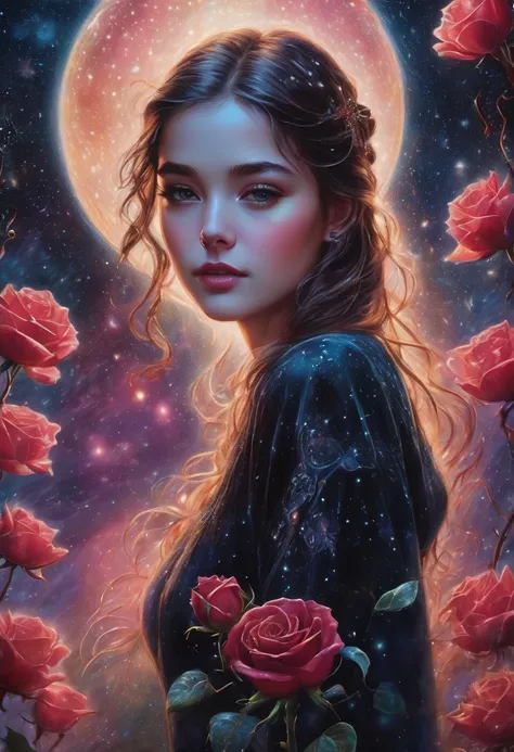 gorgeous 19 year old girl, beautiful, Darling, with a black rose in hand, dew drops on rose petals, ultra-detailed, hyperrealism, intricate details, Very detailed, crazy background with galactic constellations and northern lights, acrylic, shading