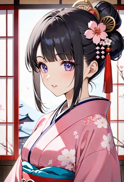 Create an image of a beautiful 21-year-old Japanese princess. She must have straight black hair tied in a traditional Japanese bun., Mr.々Decorated with traditional Japanese accessories. Her eyes are blue、She is wearing a traditional feminine pink dress.&#3...