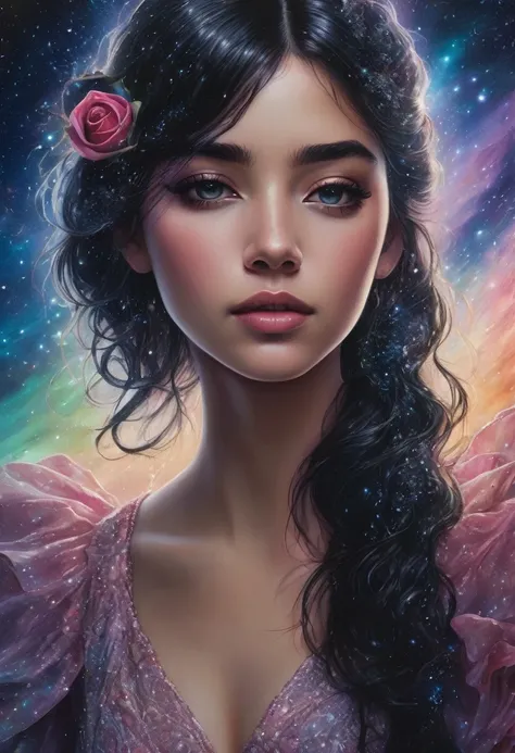 gorgeous 19 year old girl, beautiful, Darling, with a black rose in hand, dew drops on rose petals, ultra-detailed, hyperrealism, intricate details, Very detailed, crazy background with galactic constellations and northern lights, acrylic, shading