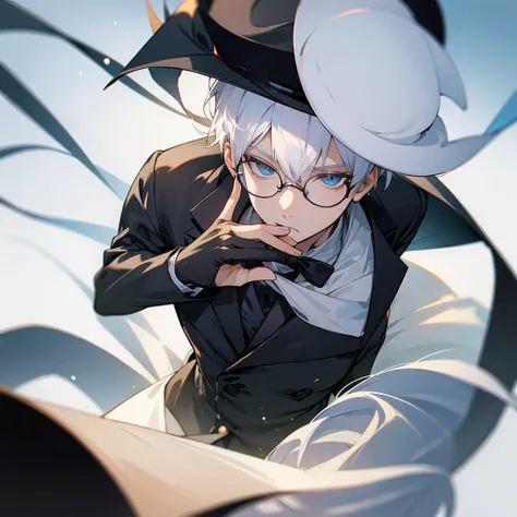 Young man with black suit white hair wearing a round hat and also a round glasses 